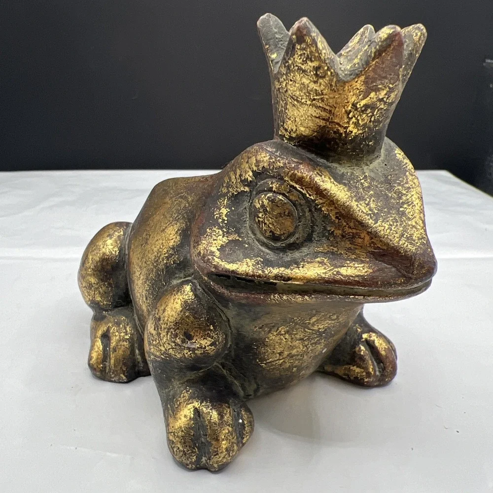 Resin Frog Prince Statue Crown Figurine Gold Finish Verdigris Patina Garden Deco
